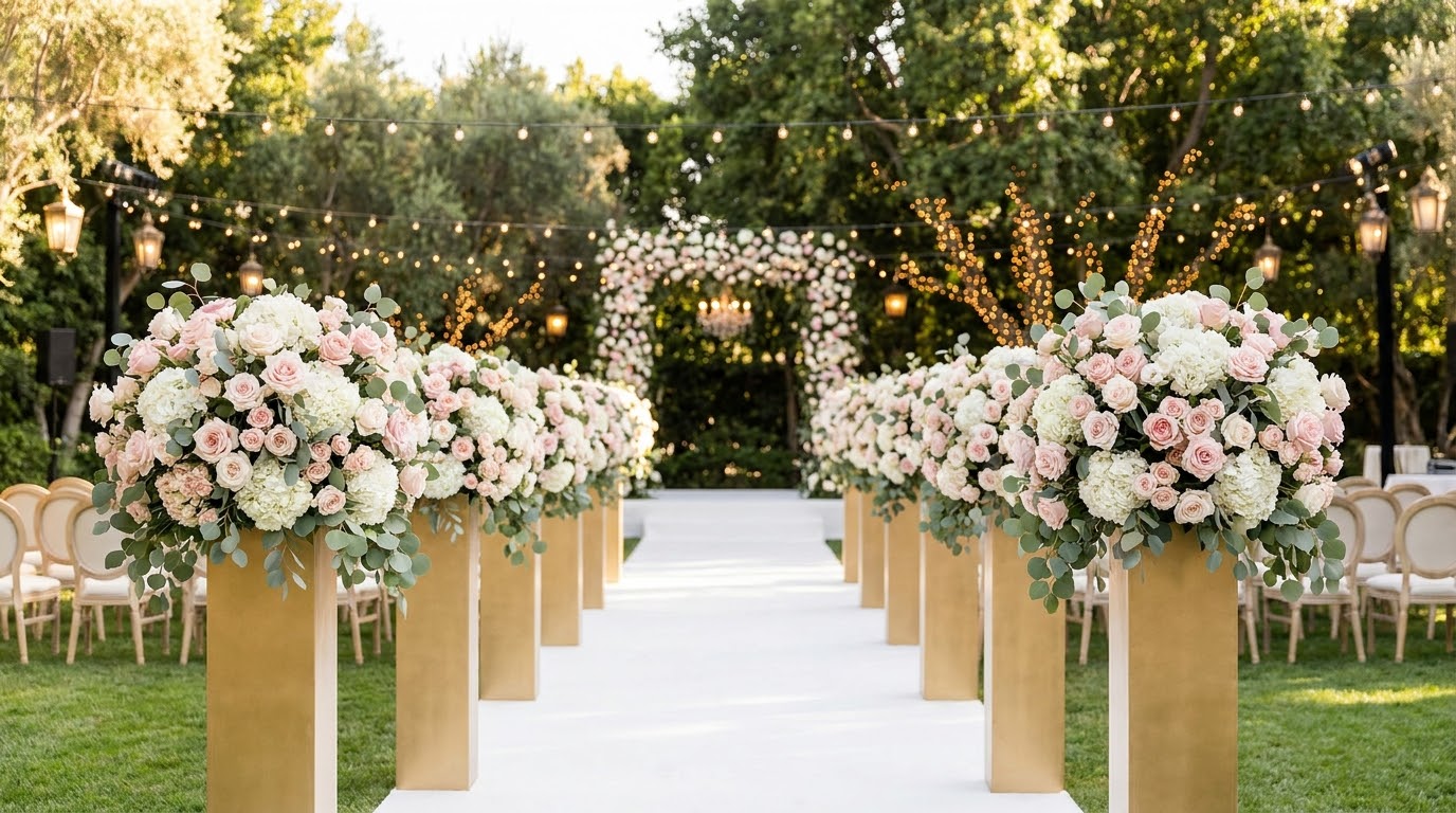 Floral-lined garden ceremony aisle